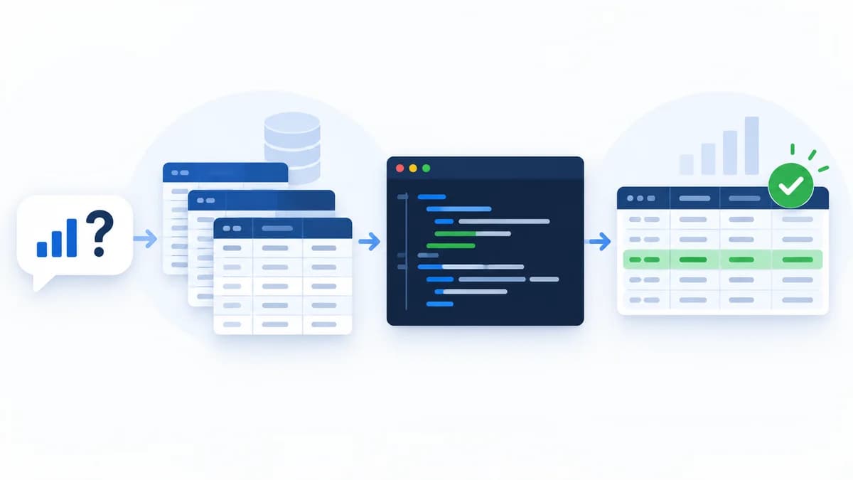 Chemin visuel reliant une question métier, des tables de données, une requête SQL et un résultat validé