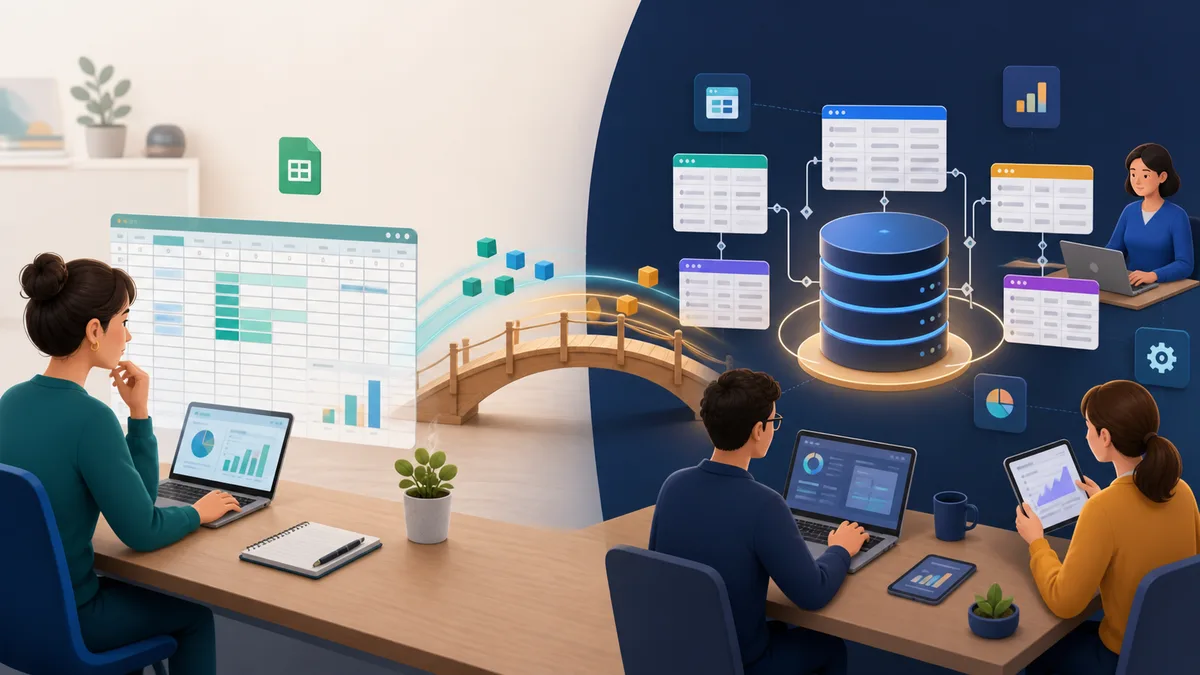 An analyst uses an individual spreadsheet linked by a bridge to a database shared by several collaborators