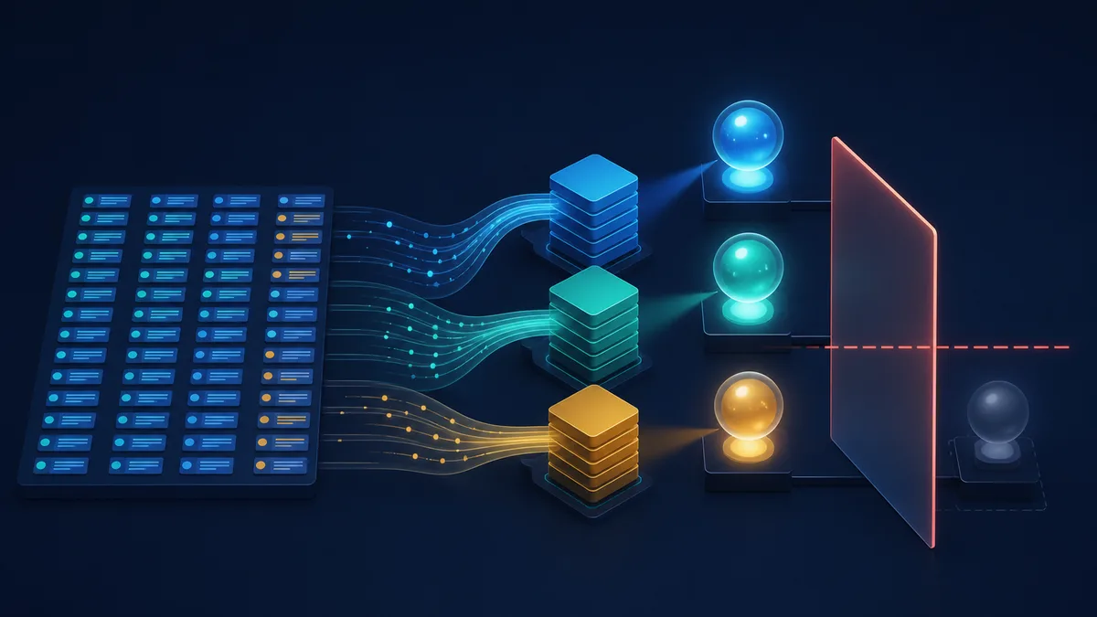 Illustration of data lines grouped and then transformed into visual indicators