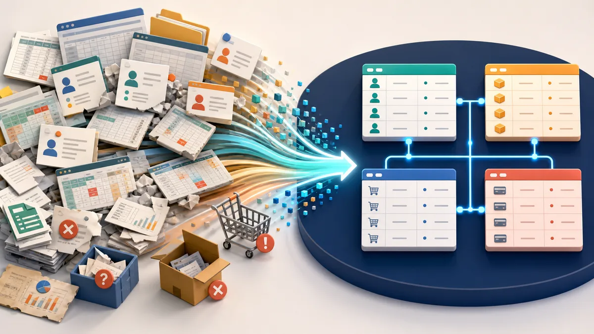 Scattered files and sheets transform into four connected and coherent relational tables